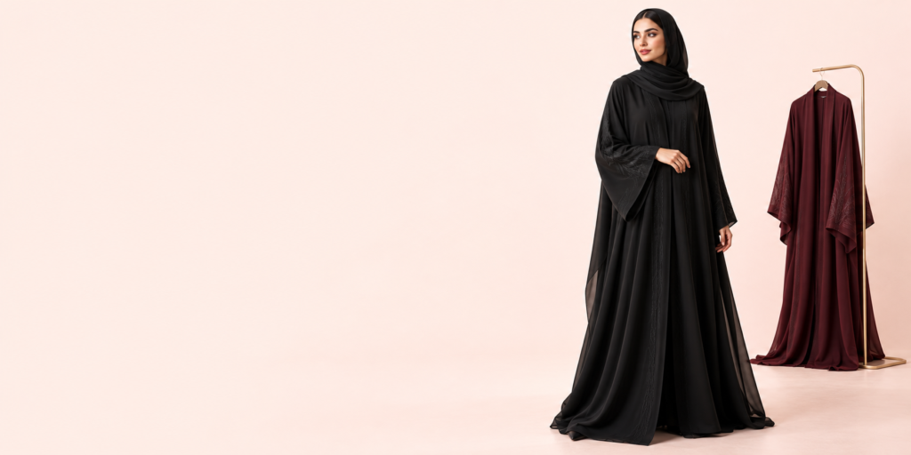 Black Gulf abaya worn with a matching shayla beside a burgundy abaya on a pale peach background.