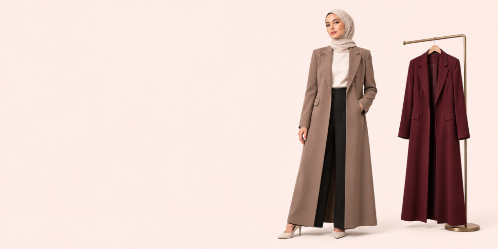 Full-length taupe blazer abaya with a burgundy blazer abaya on a pale peach background.